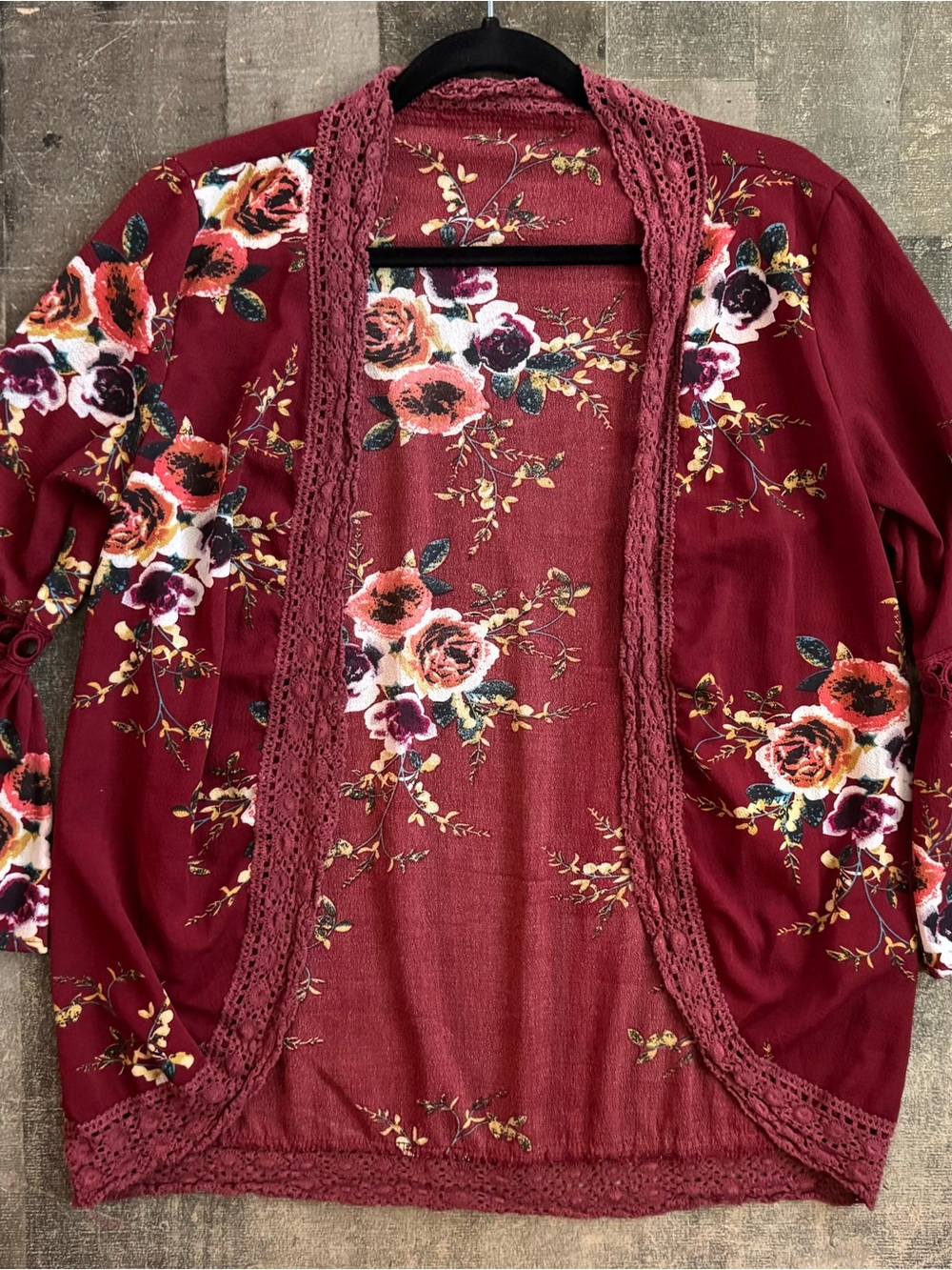 Floral Open-Front Kimono in Burgundy - Women's Sweater